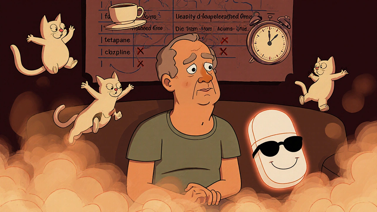 A calm patient surrounded by dissolving hallucinations, a superhero pill floating nearby in warm lighting.