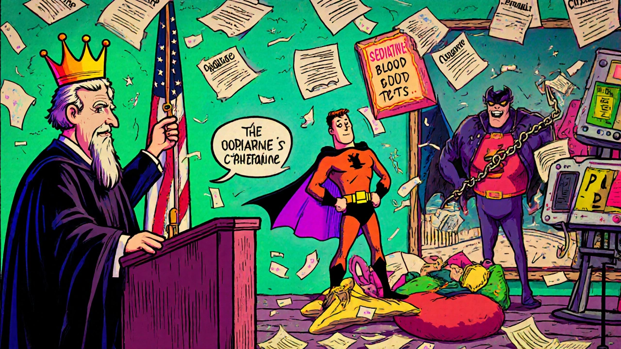 A cartoon courtroom inside a brain where cyproheptadine defends itself against medical side effect villains.