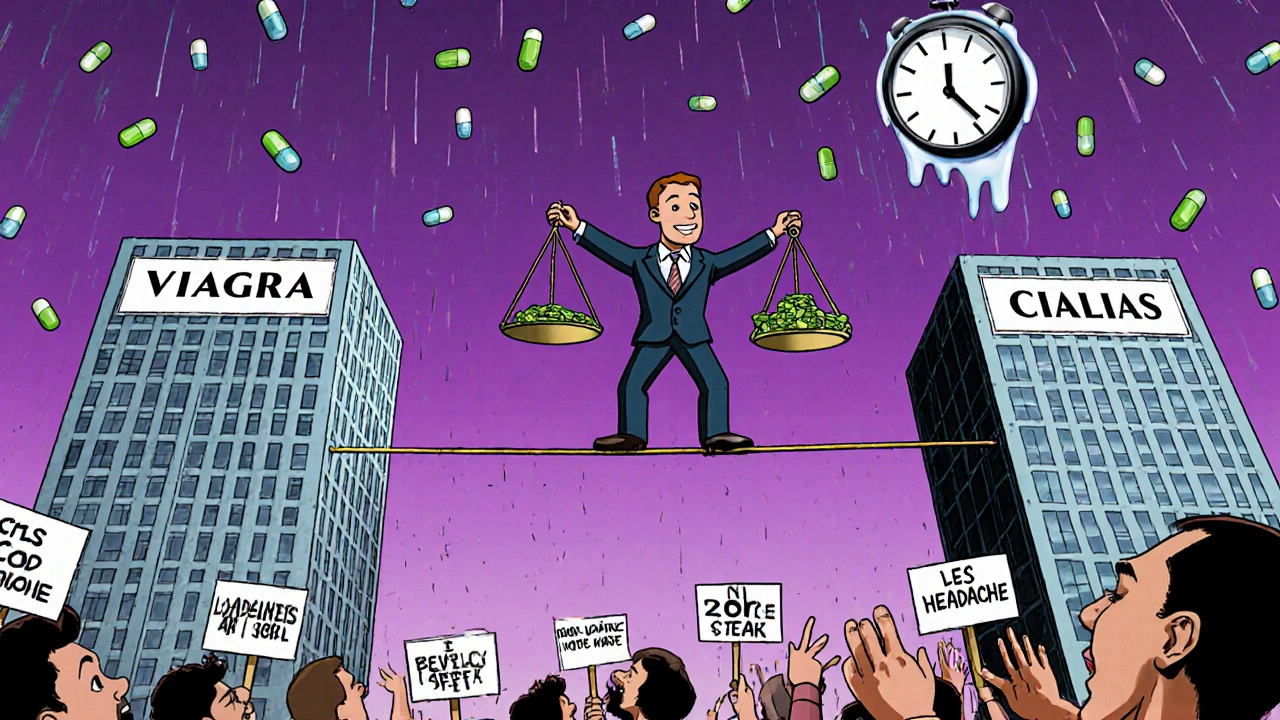 A man balancing on a tightrope between ED pill brands, with a scale weighing Levitra against money under a melting clock.