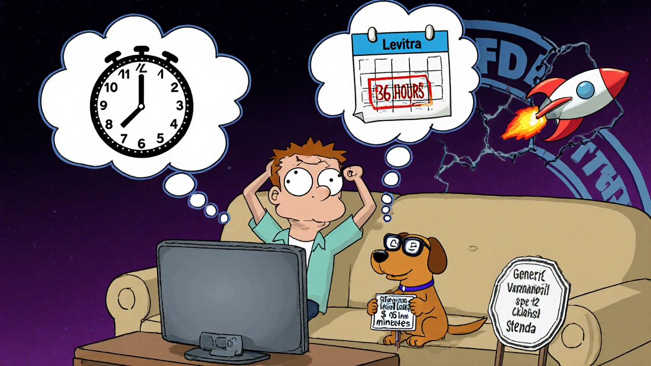 A man on a couch with thought bubbles comparing Levitra, Cialis, and Stendra, while a dog holds a generic pill sign.