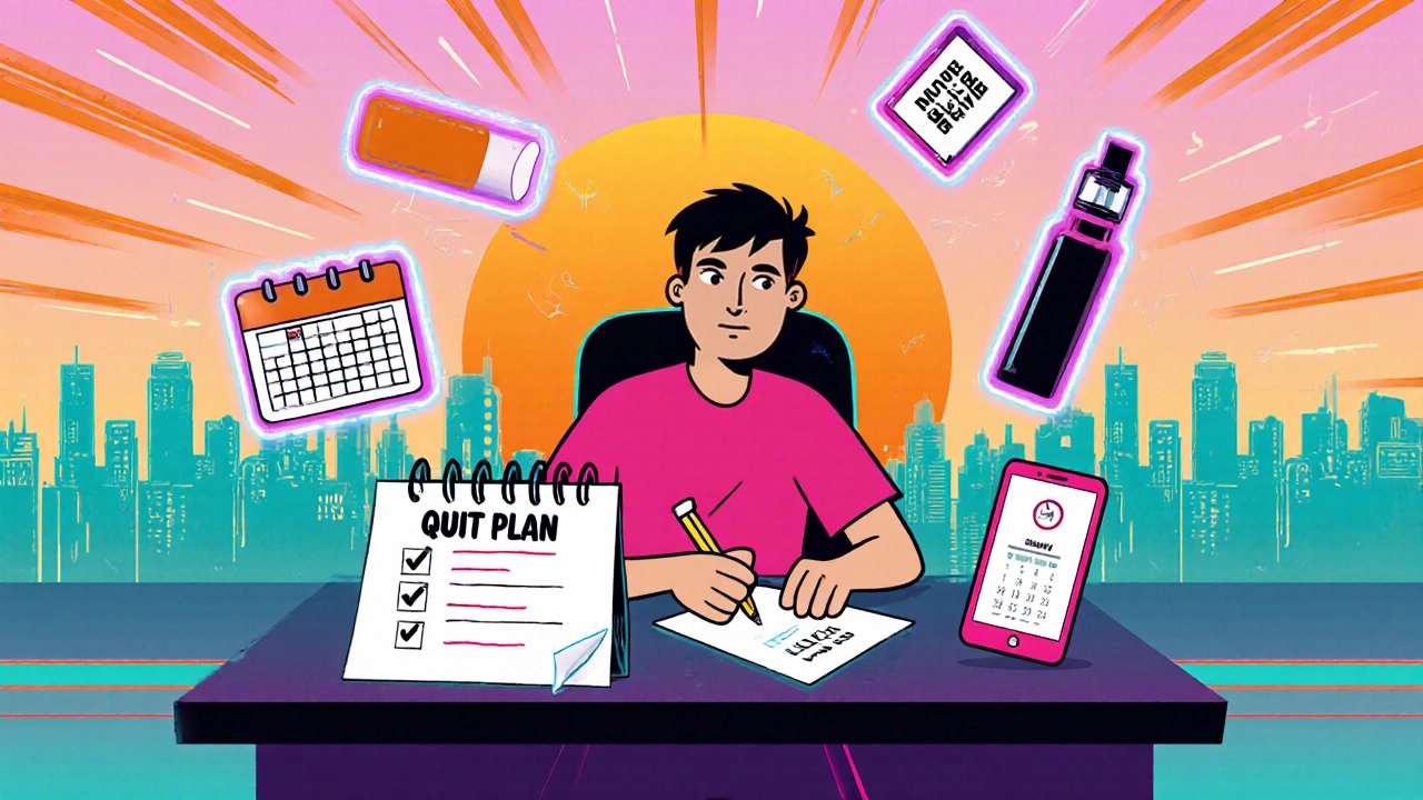 Adult at a desk planning quit strategy with icons of Nicotex, patch, vape, and app.