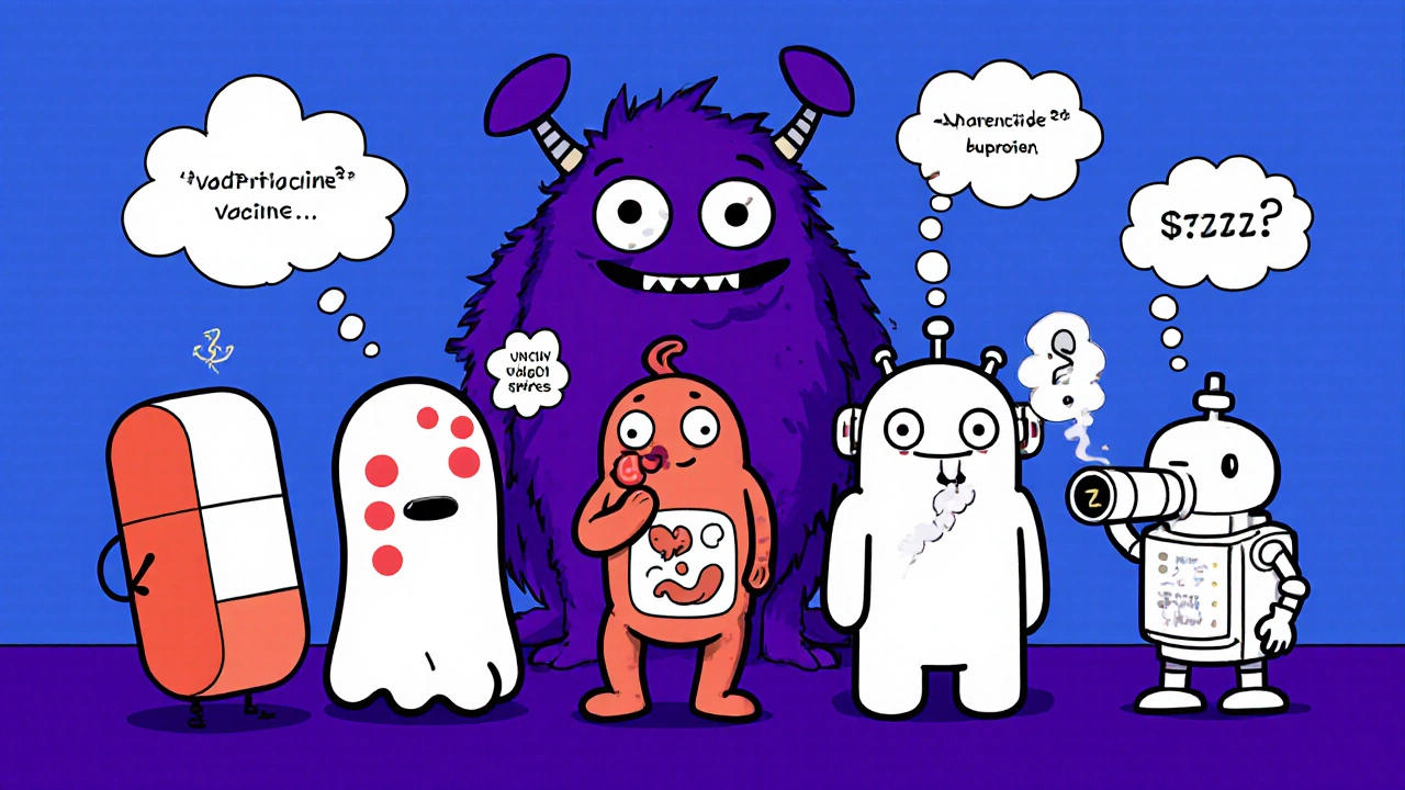 Animated characters showing side effects of gum, patch, lozenge, inhaler, vape, and pills.