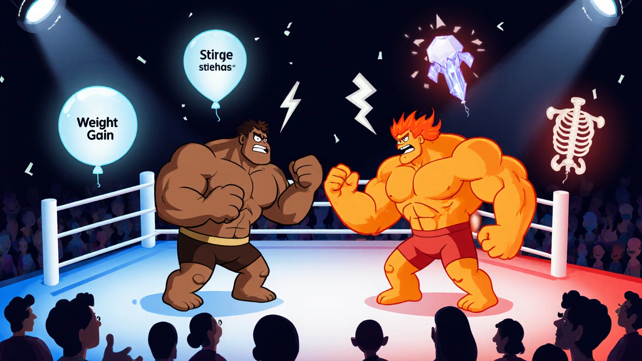 Animated steroids dueling in a ring with side‑effect characters surrounding them.