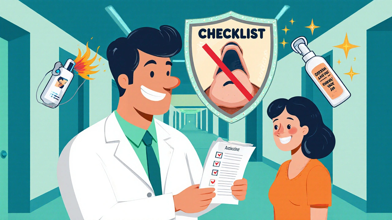 Cartoon doctor presenting a prevention checklist and new nasal treatments.