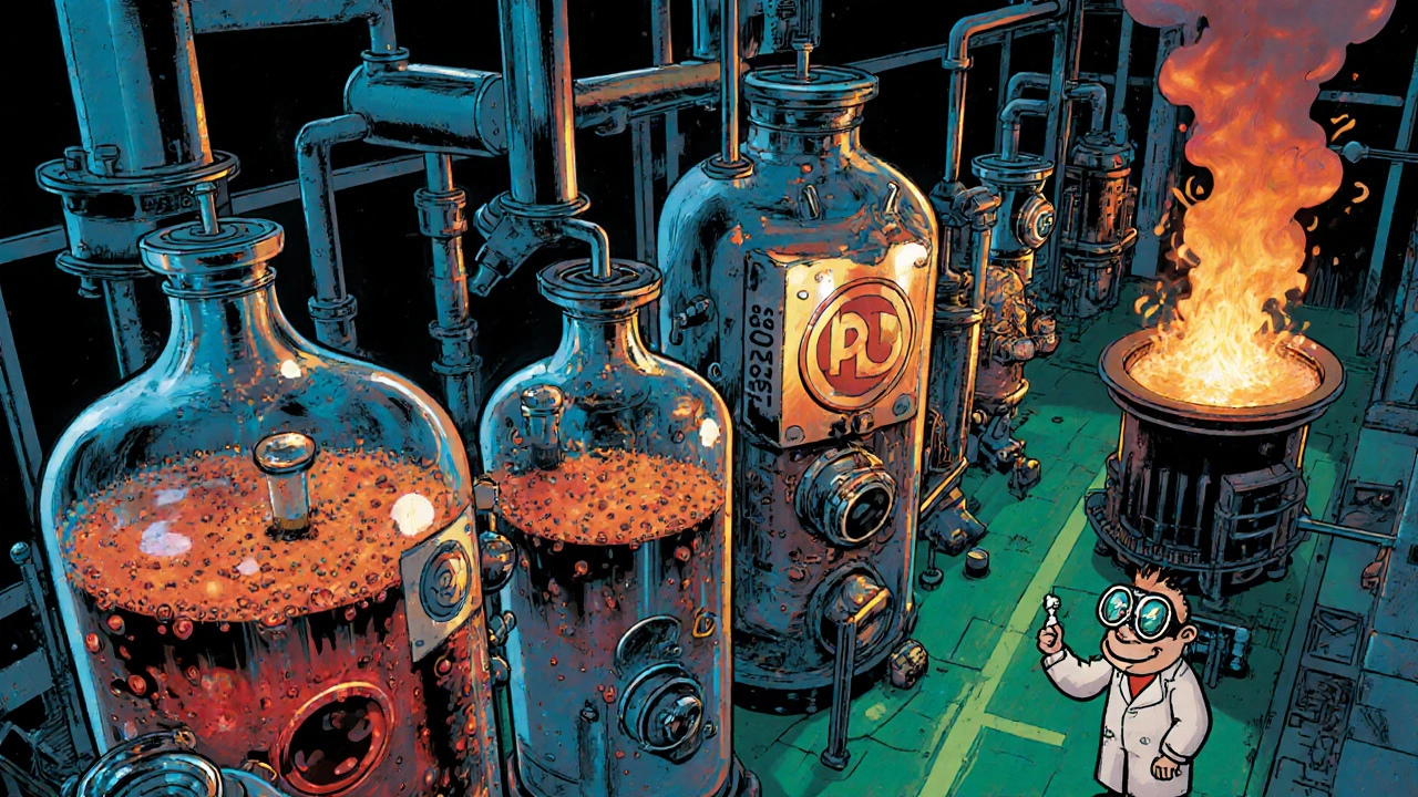 Cartoon lab showing reactors, solvents, and palladium catalyst in ezetimibe synthesis.
