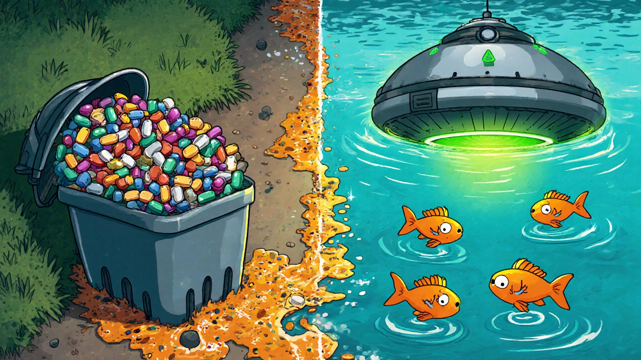 Cartoon river with floating pills, distressed fish, and a CO₂ recycling pod.