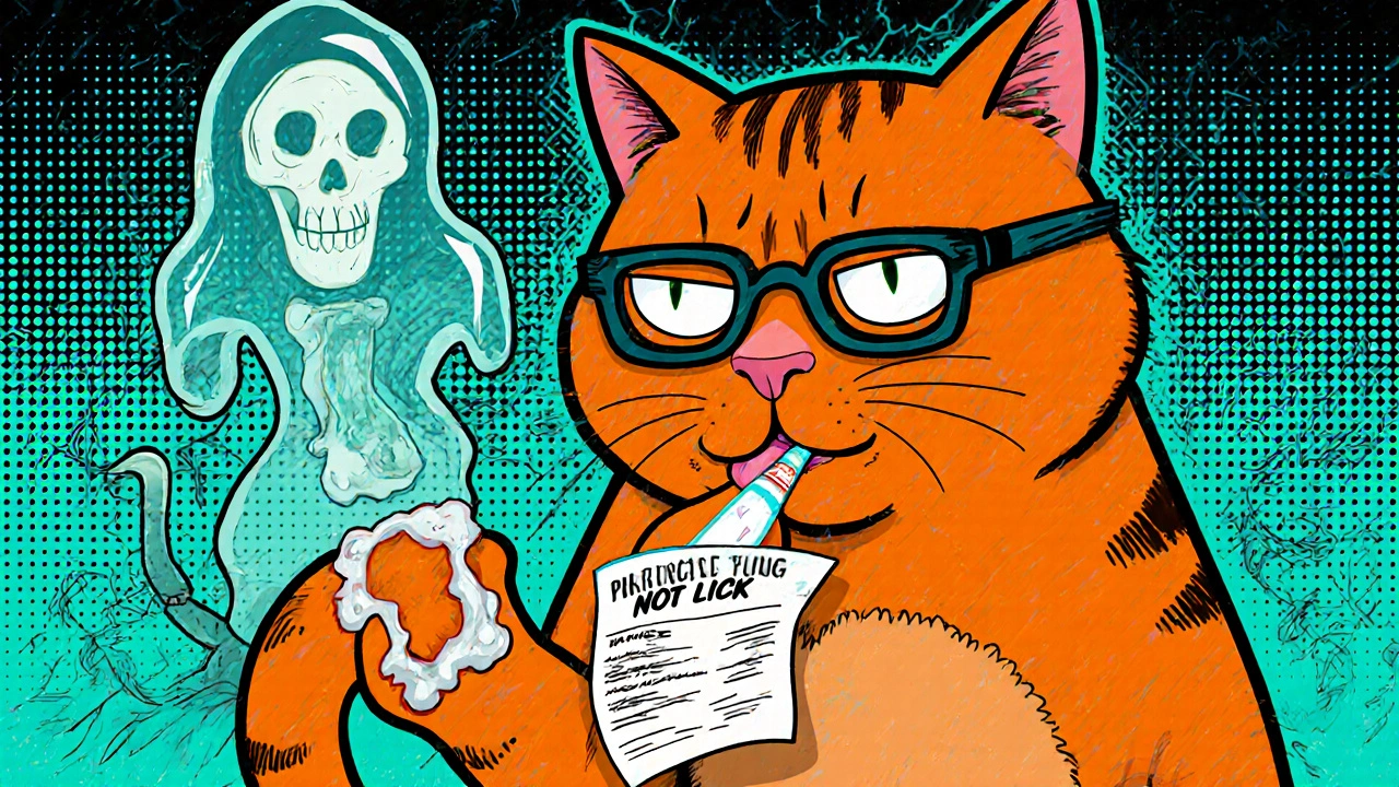 Cat licking ointment off paw while bone marrow ghost rises from its body