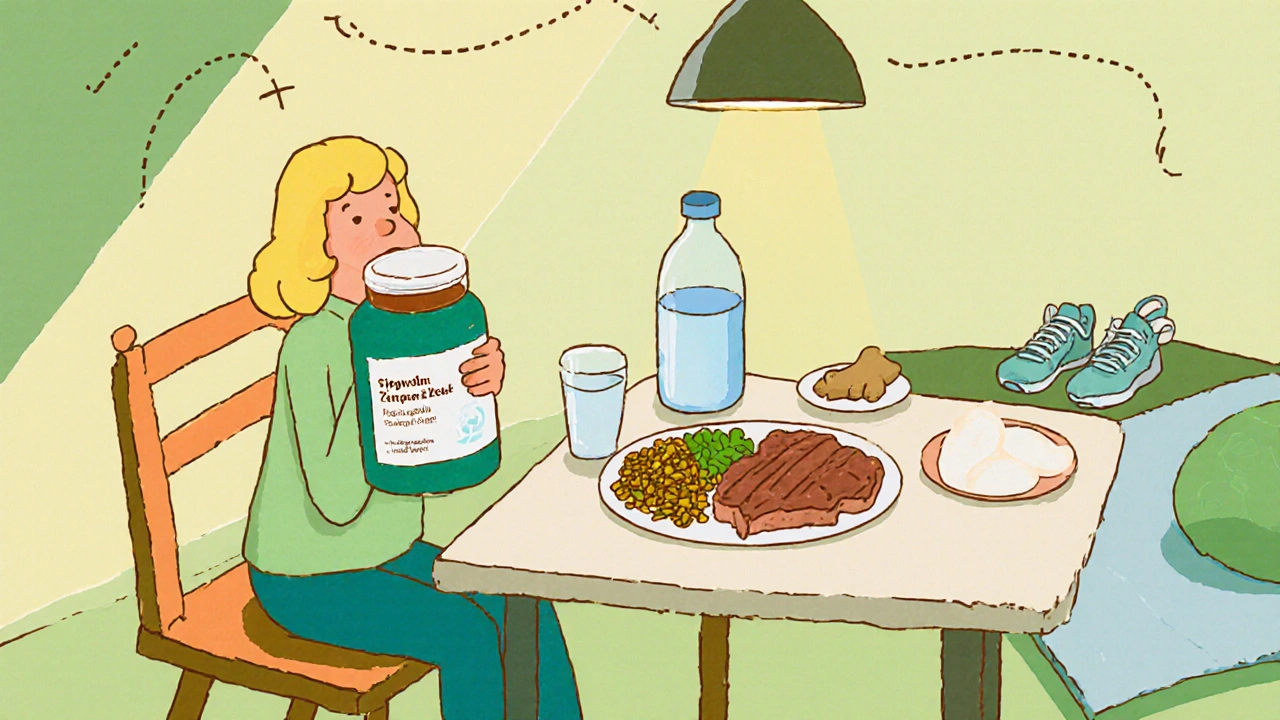 Character drinking ginger tea, eating iron‑rich foods, with medication beside water.
