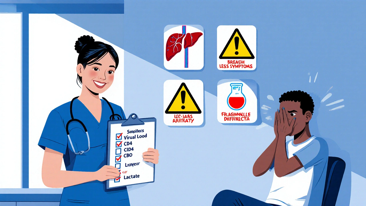 Clinic scene with nurse checking labs and warning signs for serious side effects.