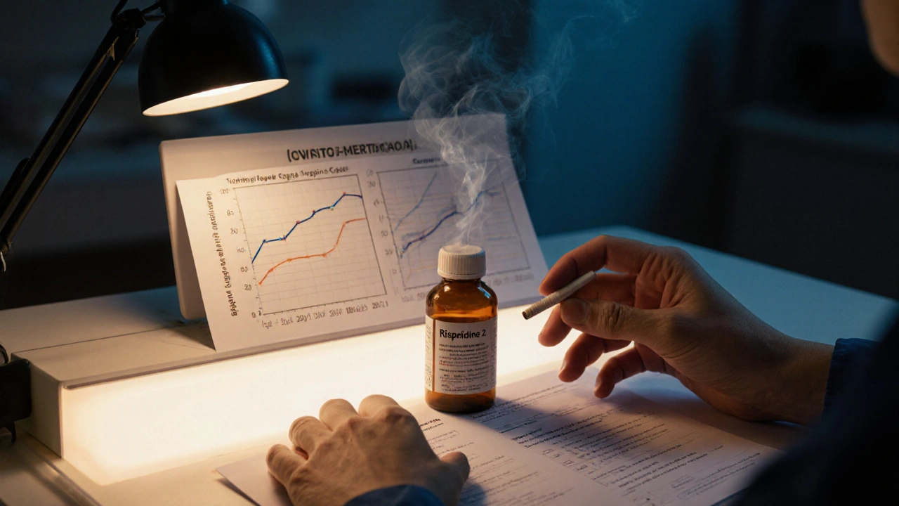 Clinician reviews labs and a cigarette smoke near clozapine, indicating medication switch.