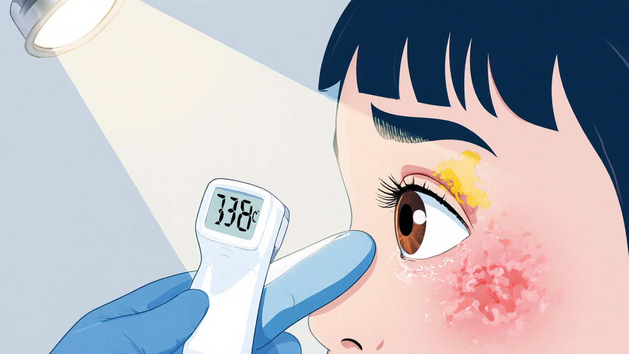 Close-up of a child's eye showing redness, discharge, and a thermometer nearby.