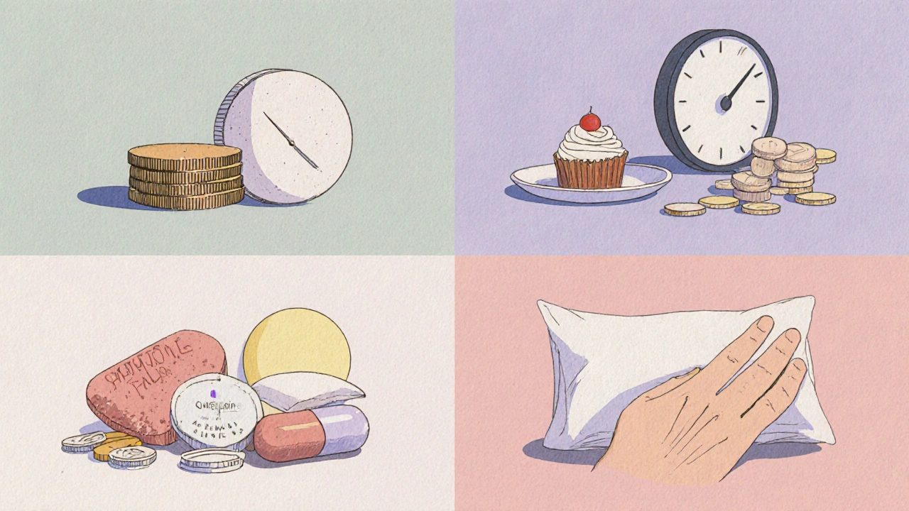 Collage of four antipsychotic pills with icons for weight gain, sleep, and tremor.