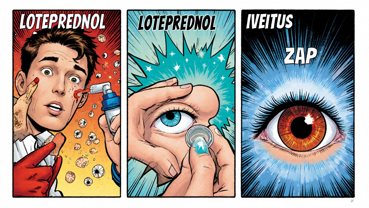 Comic panels show Loteprednol drops treating allergic conjunctivitis, post‑surgery inflammation, and uveitis.