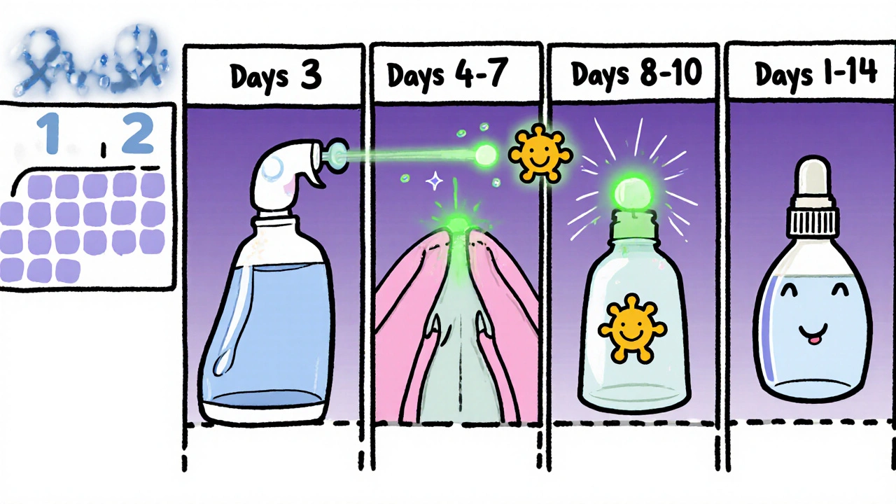 Comic strip showing a 14‑day withdrawal schedule with saline and steroid icons.