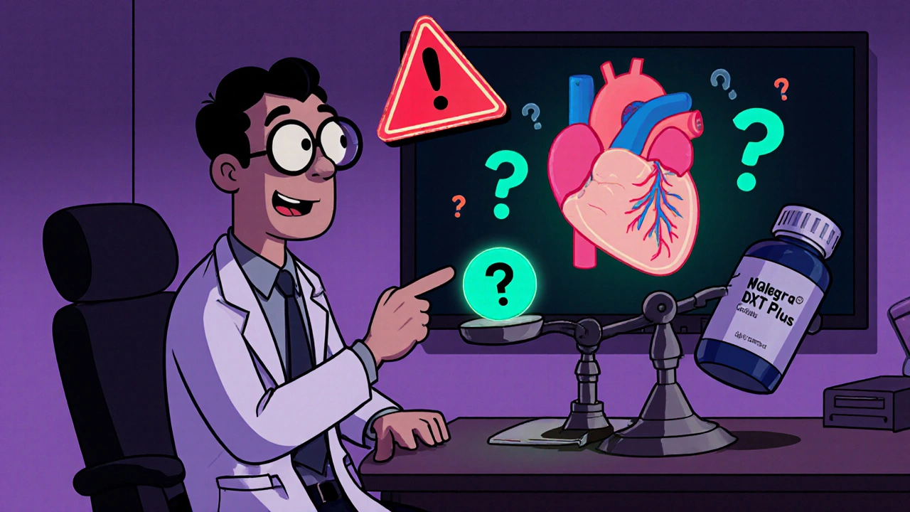 Doctor and patient discussing heart safety with cartoon warning signs and a pill scale.