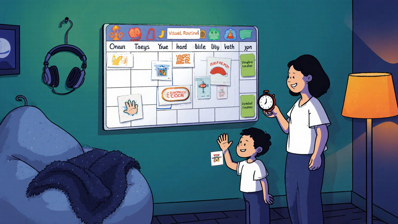 Evening family routine with visual schedule, sensory corner, and hand‑signal cue.
