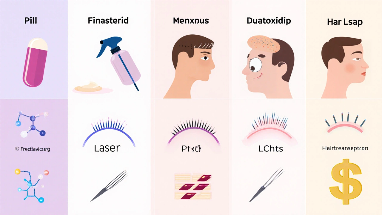 Flat illustration of various hair‑loss treatments shown with icons for cost, delivery method, and mechanism.
