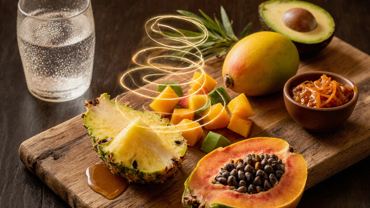 Flat lay of pineapple, papaya, mango, honey, and kimchi highlighting natural enzymes.