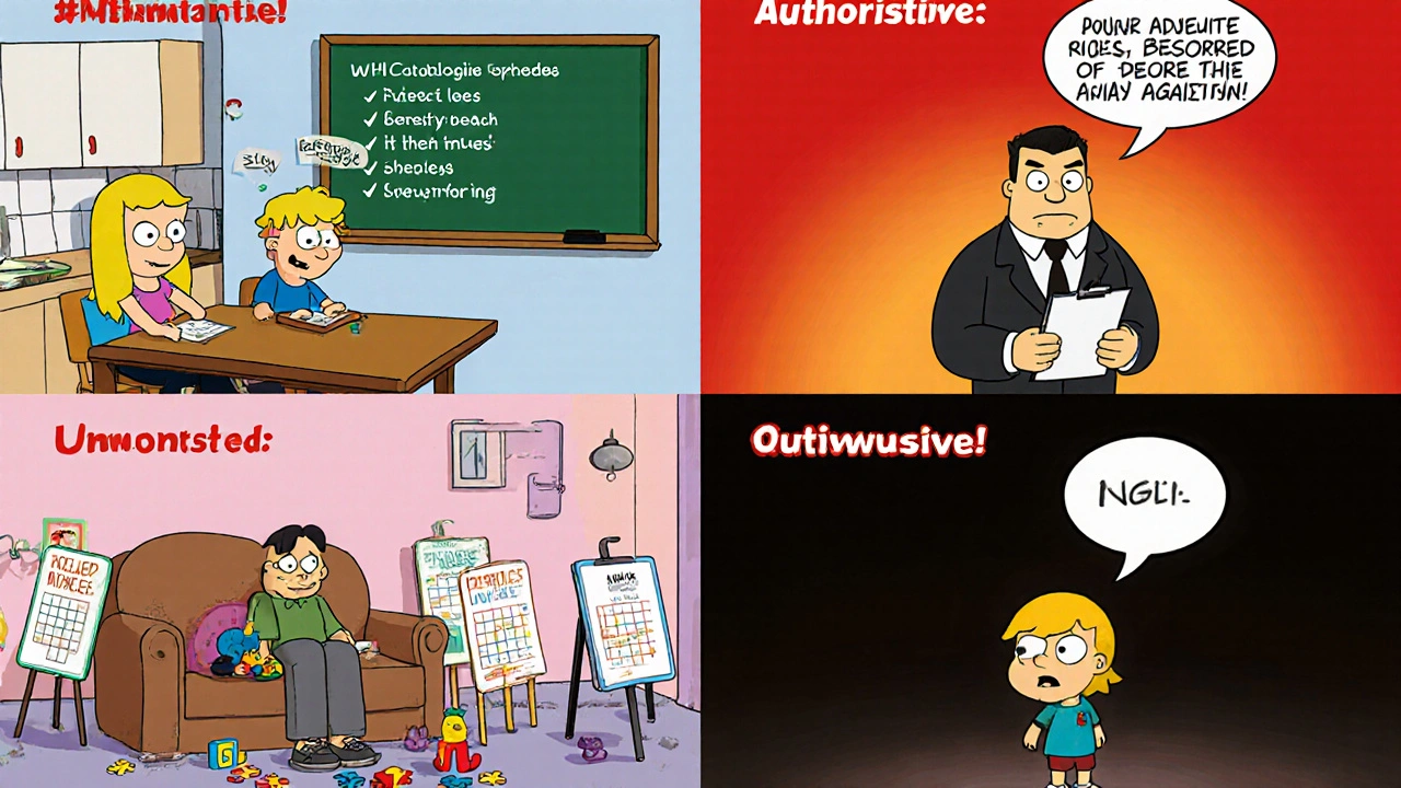 Four quadrants show different parenting styles interacting with an autistic child.