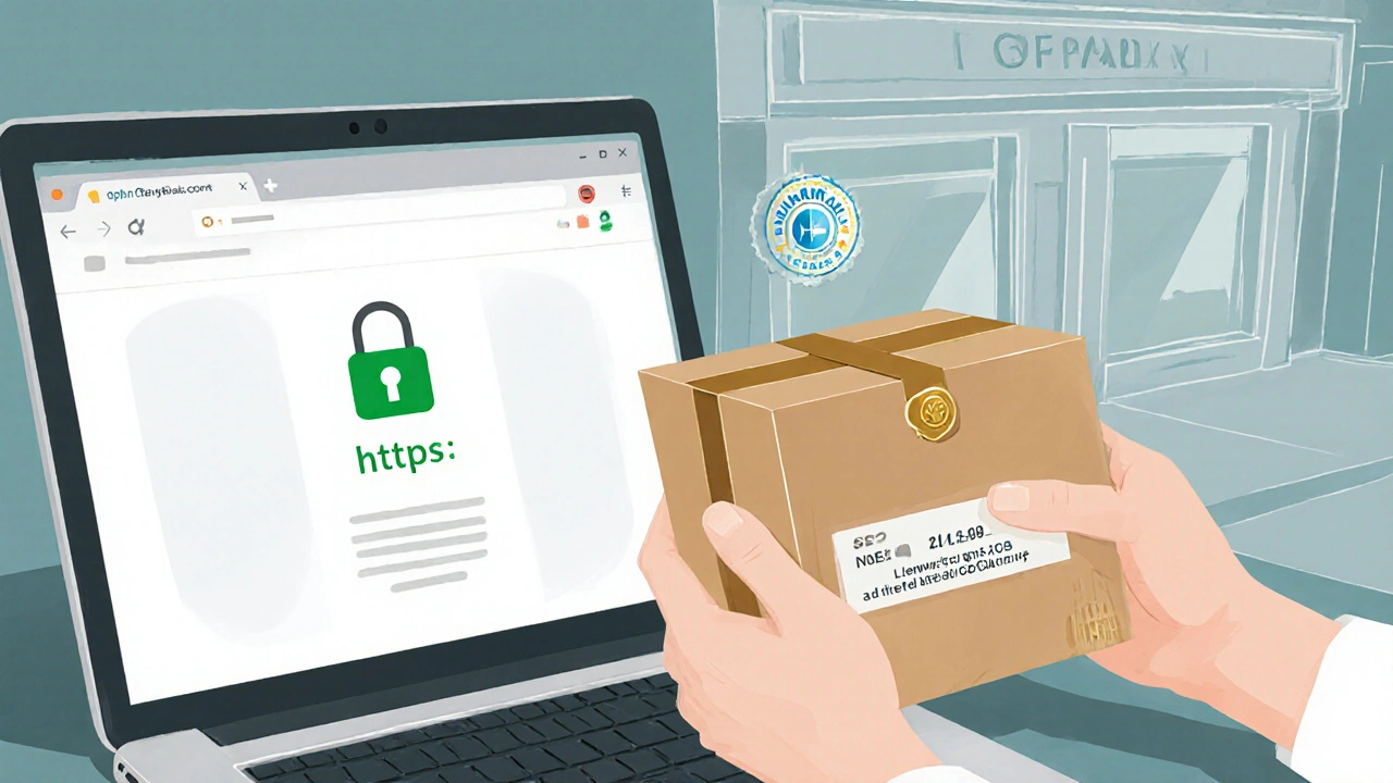 Hands receiving a sealed box of generic Zyrtec after an online purchase with a secure laptop.
