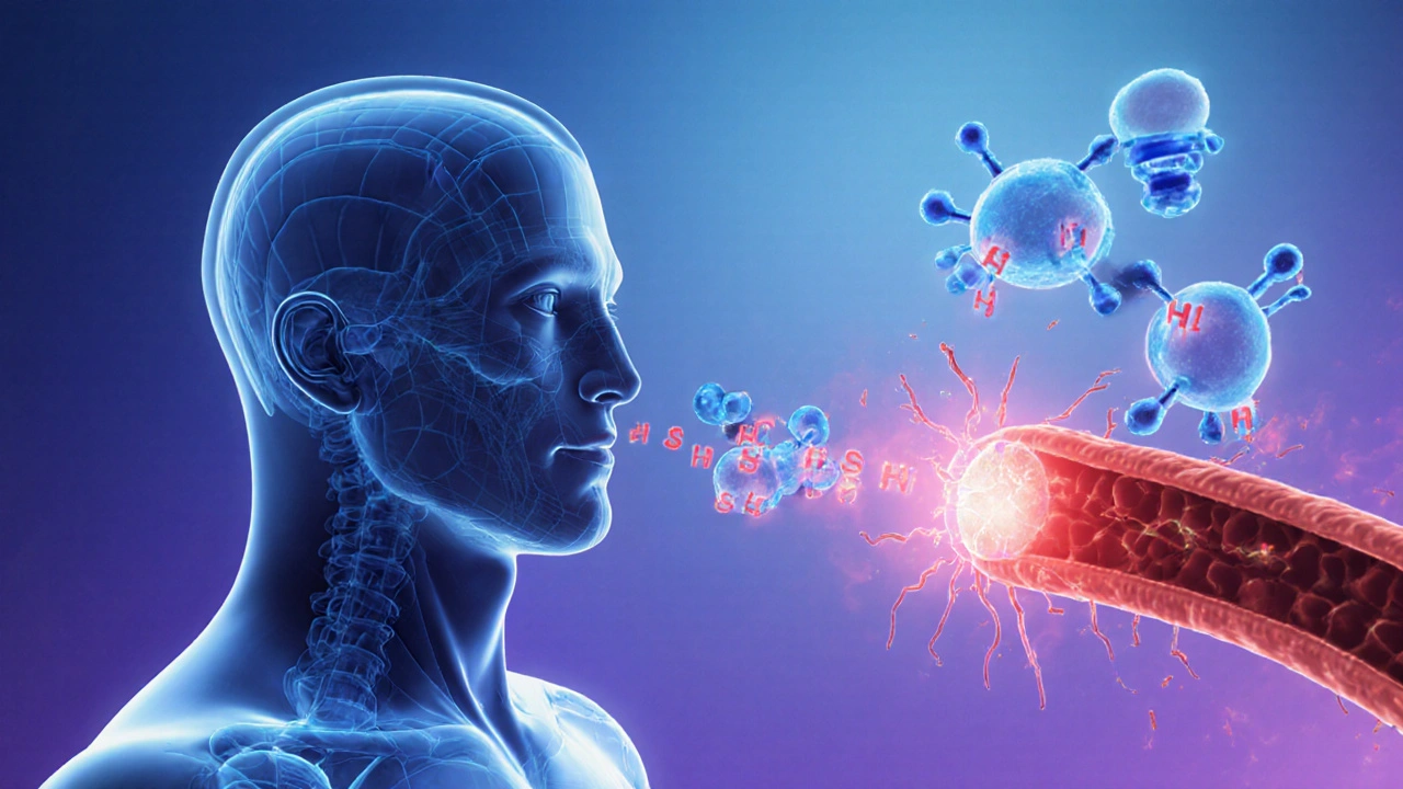Illustration of blue cetirizine molecules blocking red histamine at H1 receptors in the body.