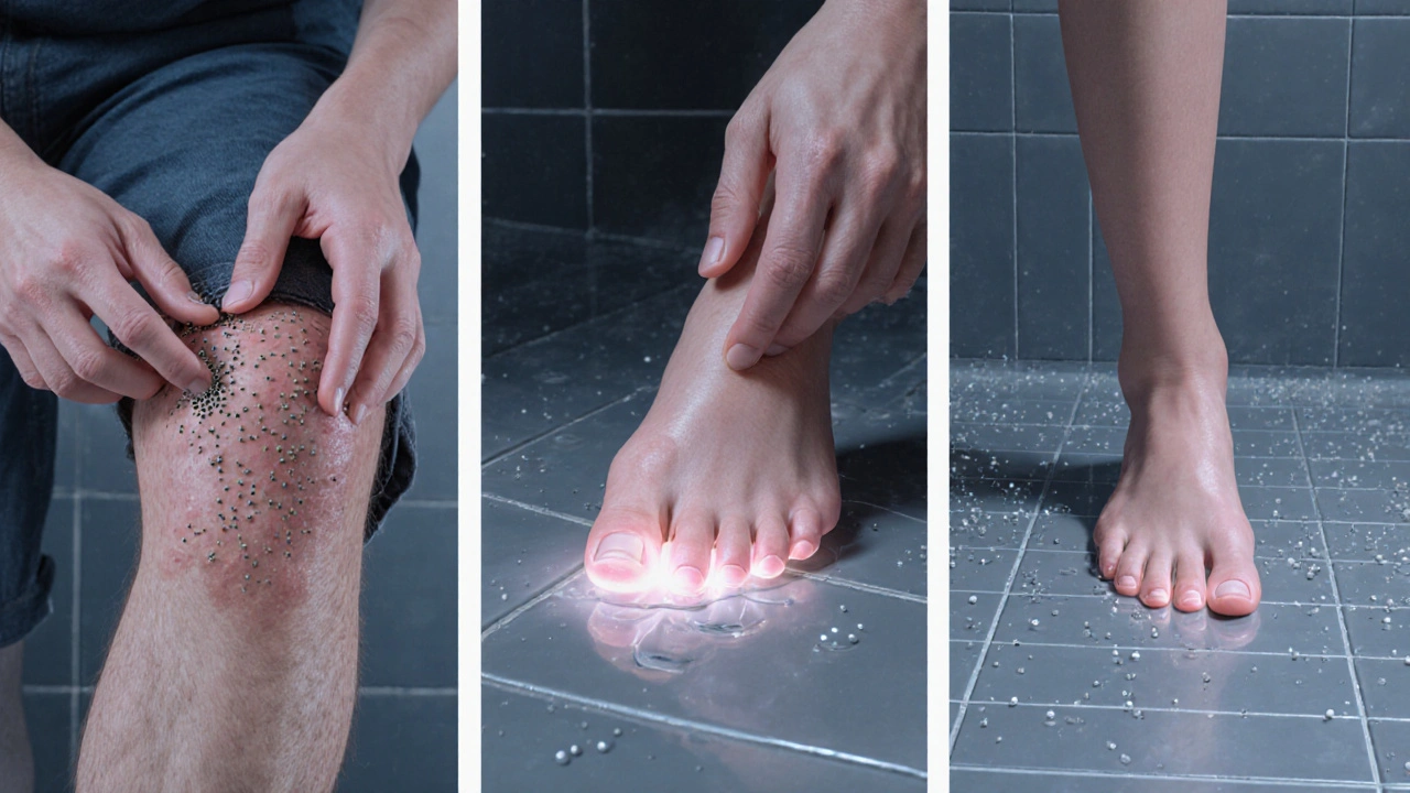 Illustration of scratching a skin rash, touching a toenail, and spores on a wet shower floor.