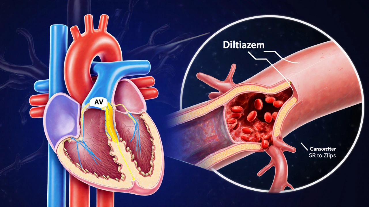 Illustration showing Diltiazem blocking calcium channels in heart AV node and arteries.
