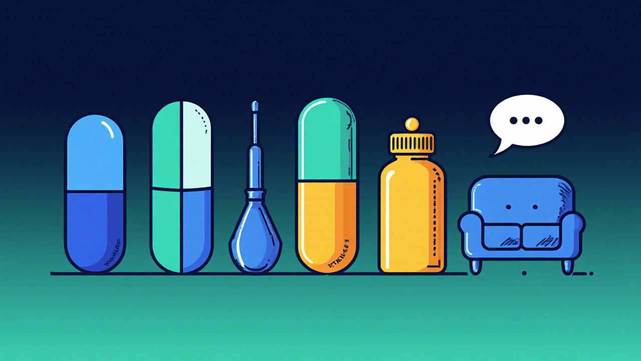 Lineup of cartoon pills and devices representing ED and mood treatment options.