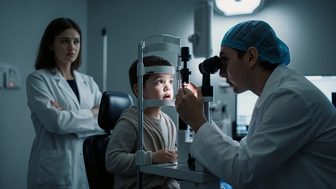 Ophthalmologist examining a child's eye with a slit lamp in a clinic.