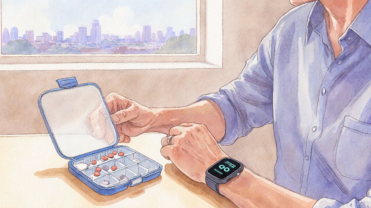 Patient at kitchen table with Diltiazem pill organizer and smartwatch showing stable heart rate.