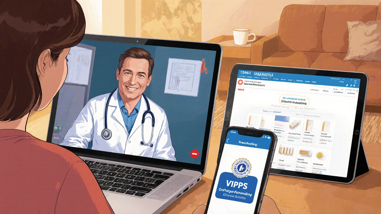 Patient using video call and tablet showing an online pharmacy with a safety seal.