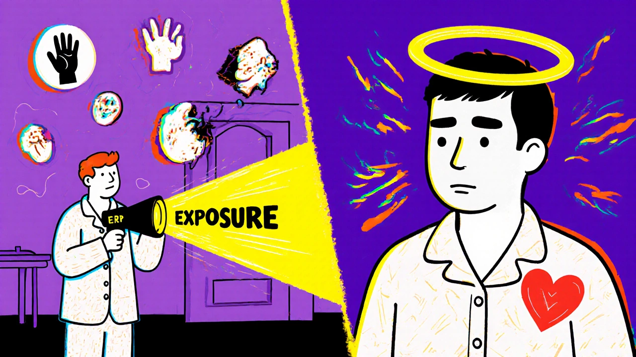 Person in therapy vs. person with medication side effects in surreal cartoon scene