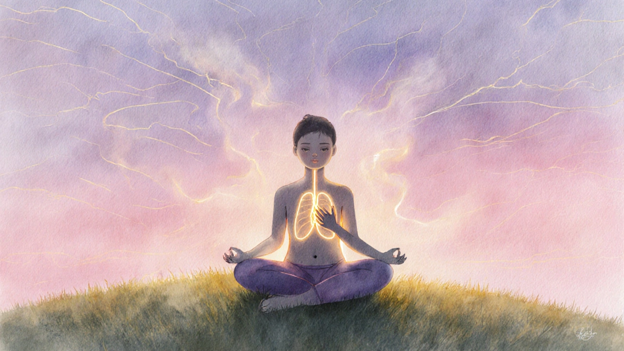 Person practicing diaphragmatic breathing on a hill at twilight with gentle breath visuals.