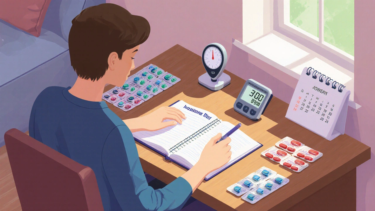 Person recording a headache diary at home with medication packs and health‑monitoring devices.