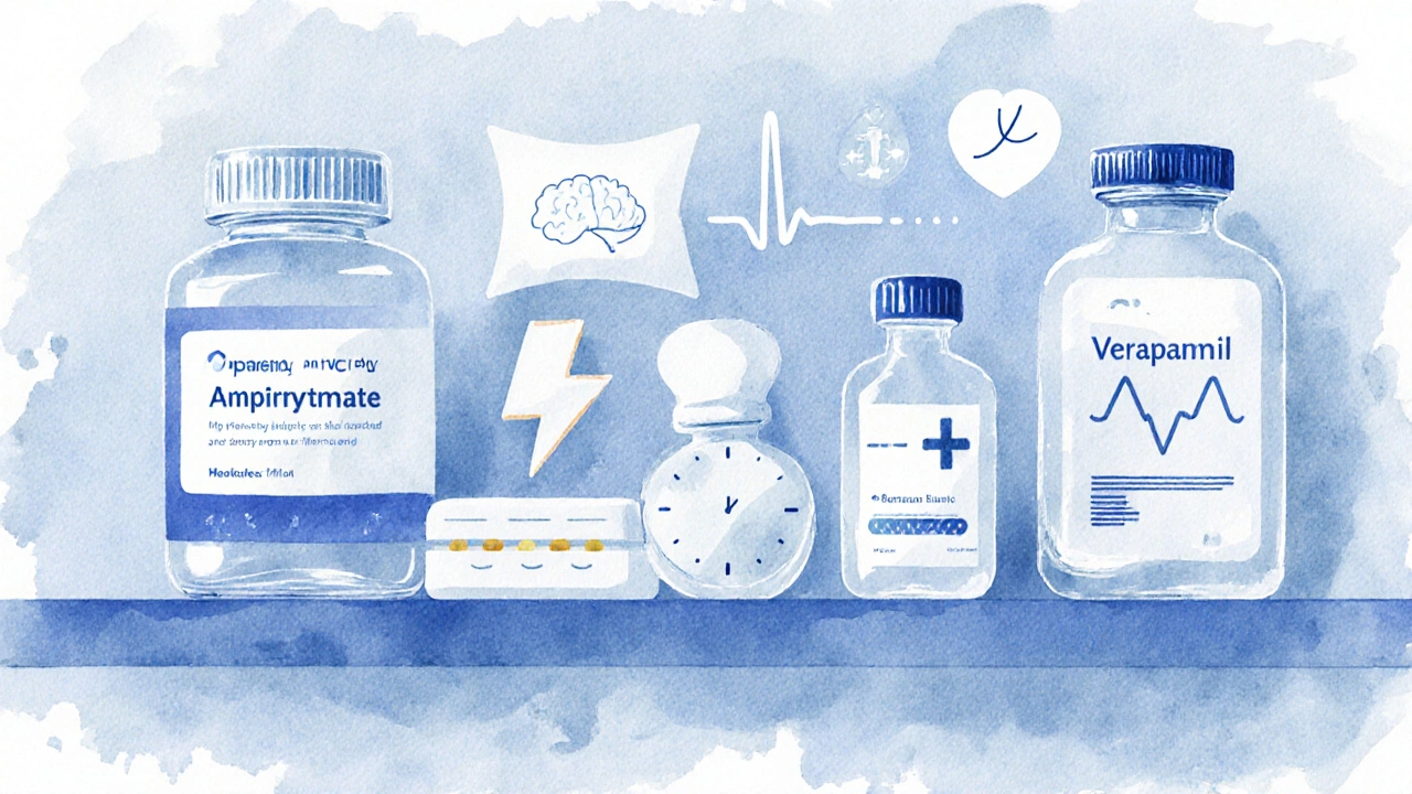 Pharmacist counter displaying various migraine preventive medication bottles with symbolic icons.