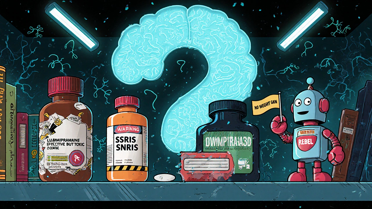 Pharmacy shelf with antidepressants labeled in warning labels and rebel robot