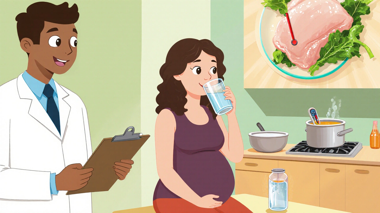 Pregnant woman at doctor’s office drinking rehydration solution and cooking safely.