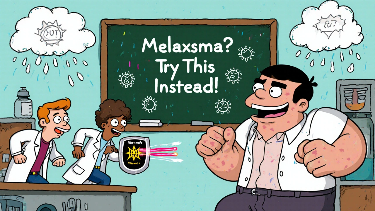 Science cartoon heroes chasing hydroquinone molecule while protecting skin with sunscreen and serums