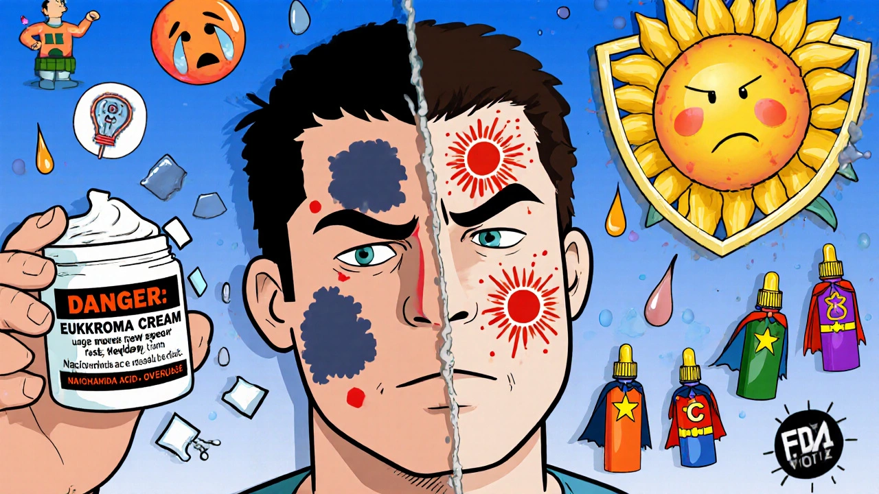 Split-face cartoon showing ochronosis damage vs. calm, effective skincare routine with superhero serums