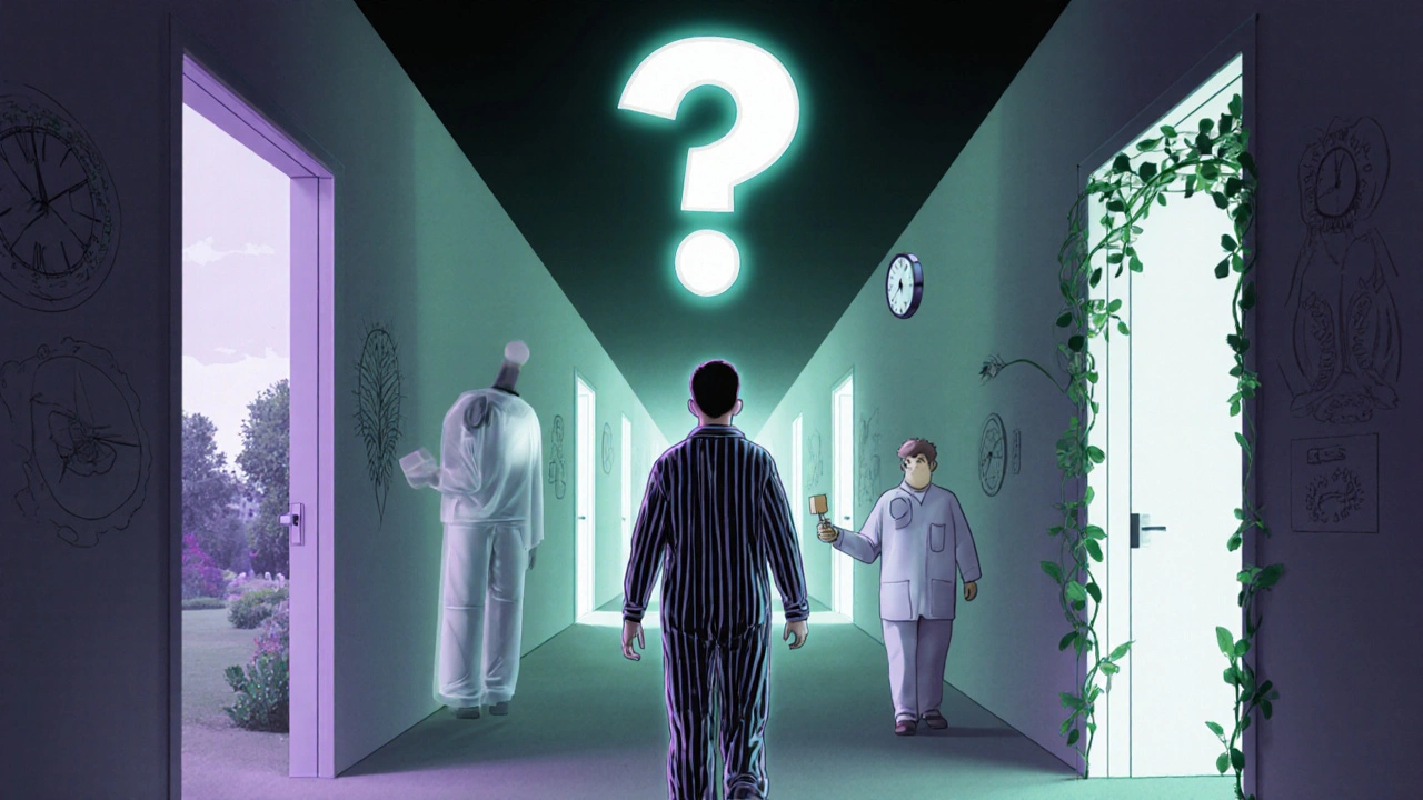 Surreal hallway with branching doors representing different steroid choices.