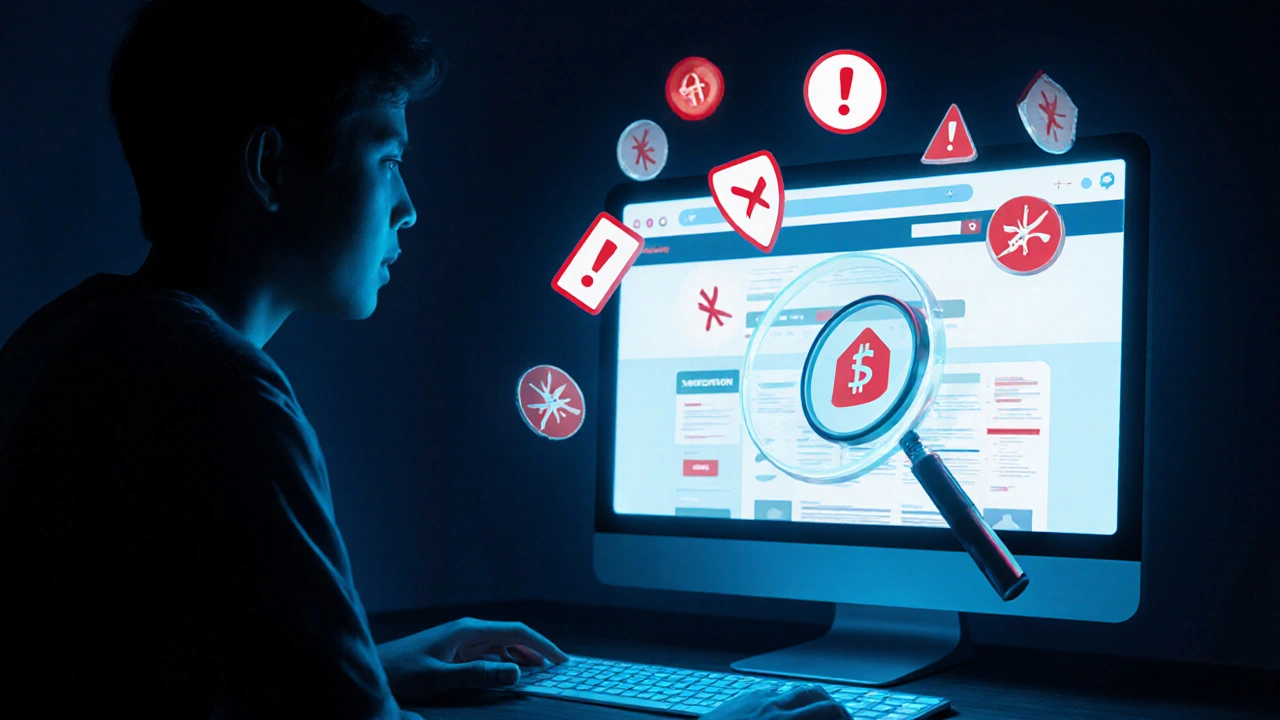 Surreal scene of warning icons over a website, highlighted by a magnifying glass.