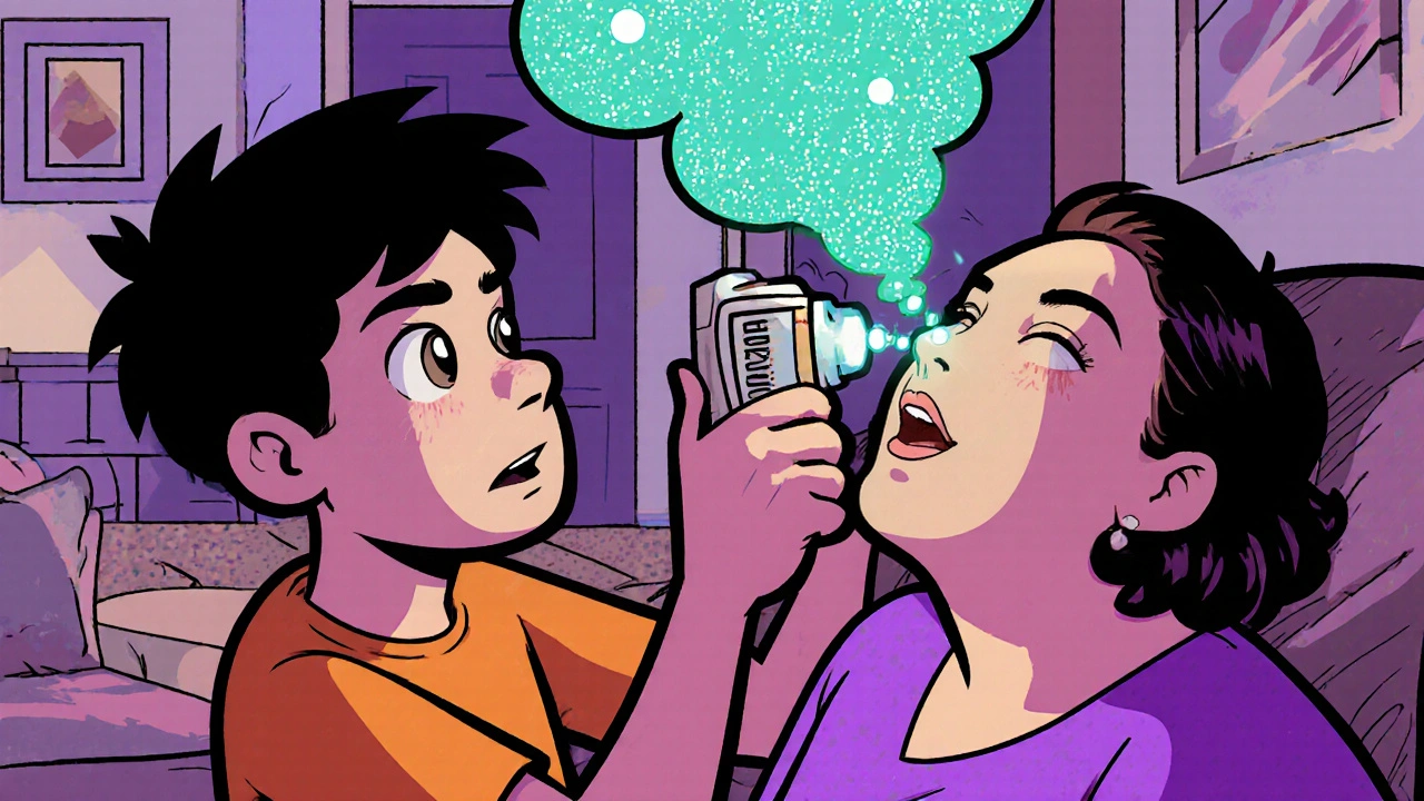 Teen uses naloxone nasal spray on his mother, creating a teal mist as she revives.