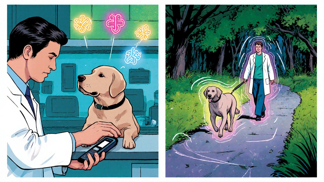Two comic panels: lab measuring hormones during petting, then person walking a dog outdoors.
