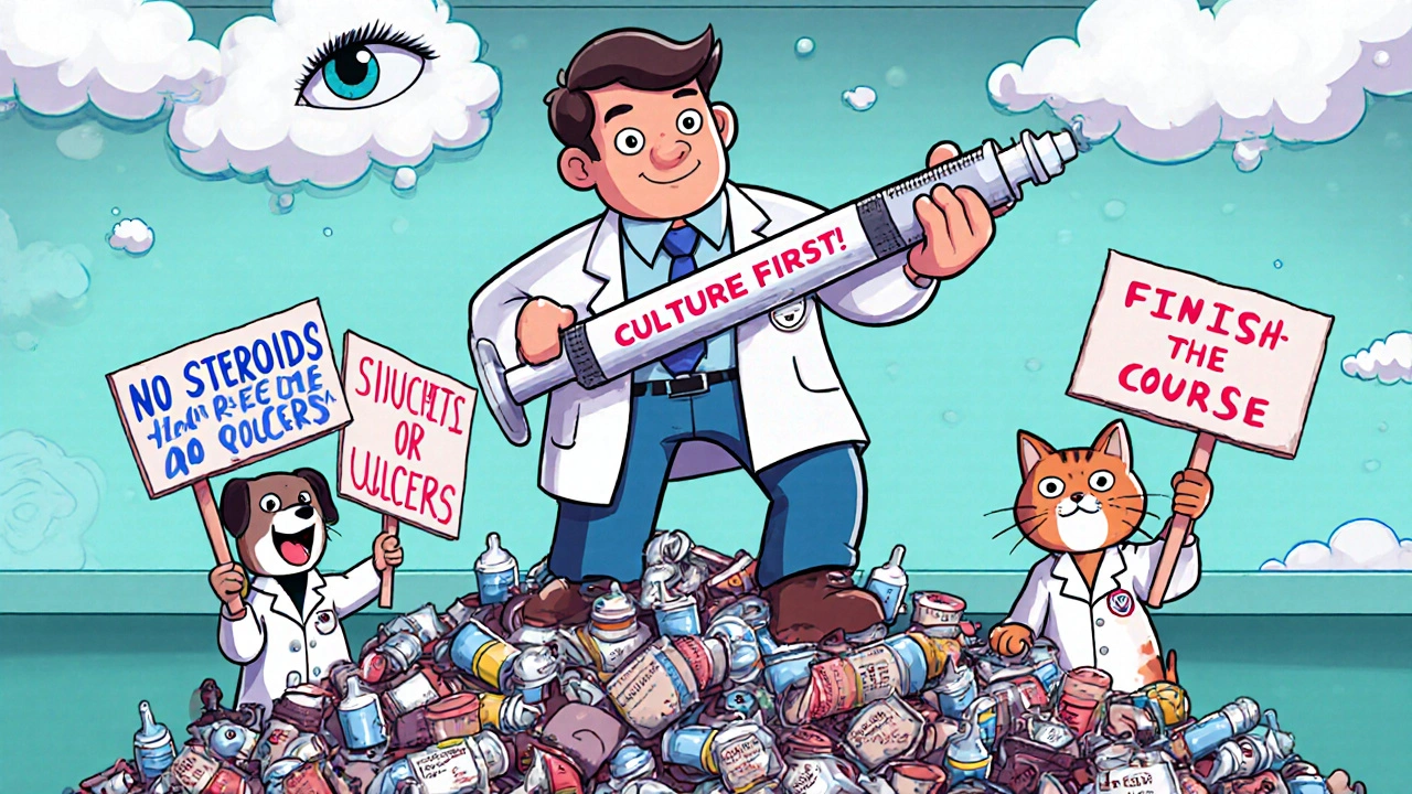 Veterinarian standing on discarded meds as dog and cat hold up medical signs