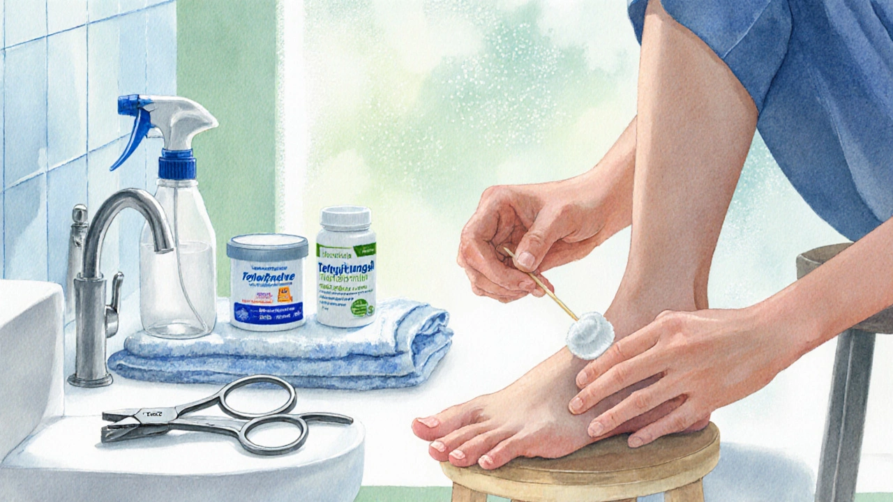 Watercolor bathroom scene of a person applying antifungal cream and using clean nail tools.