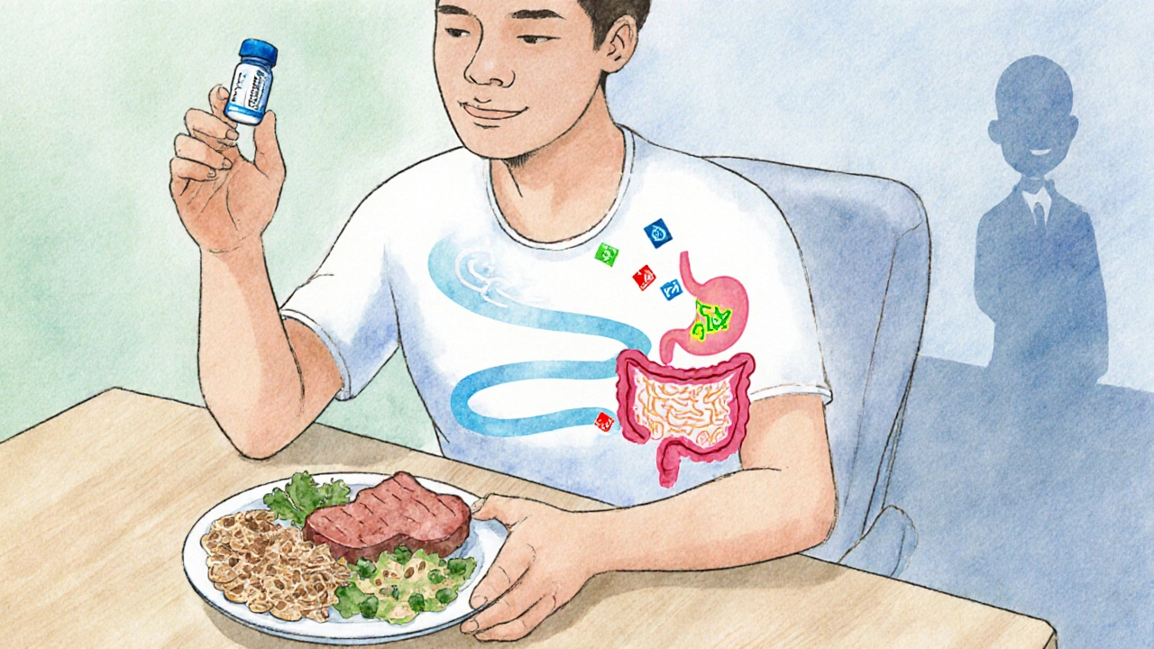 Watercolor of a person taking an enteric‑coated capsule with a balanced meal.