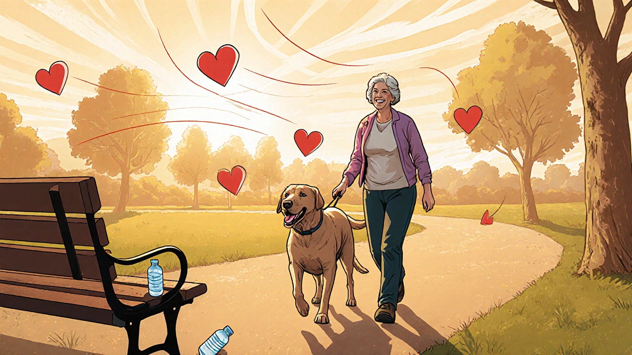Woman walking her Labrador in a sunrise park, showing calm and steady movement.