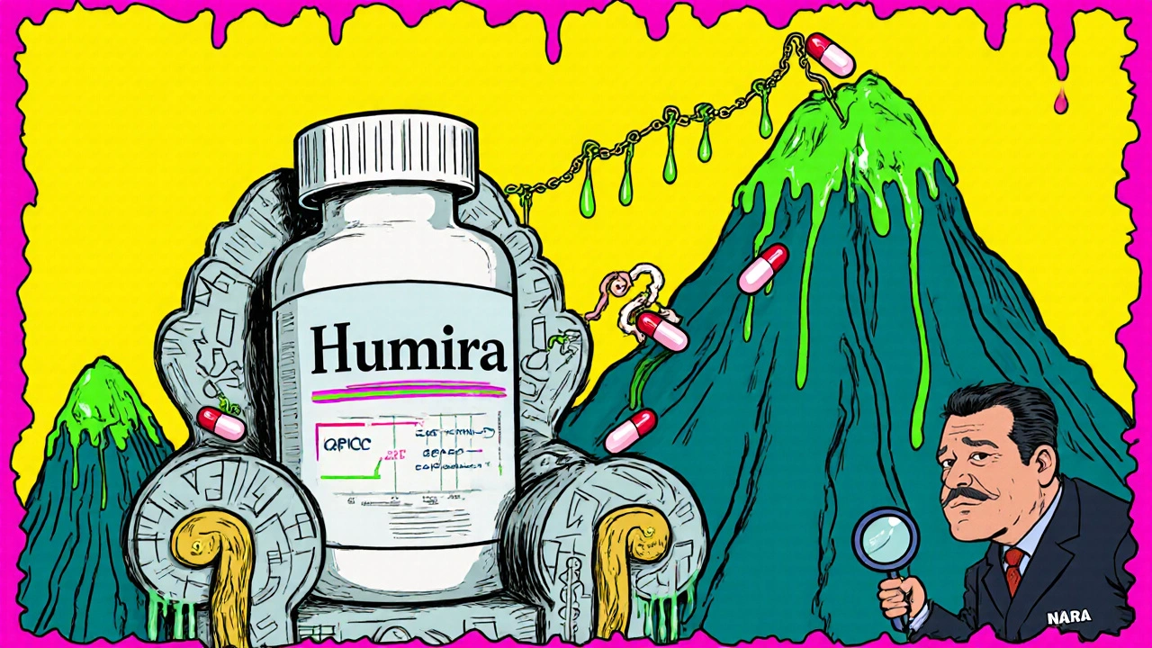 A biologic drug on a throne of data charts blocks generic pills climbing a 12-year exclusivity mountain.