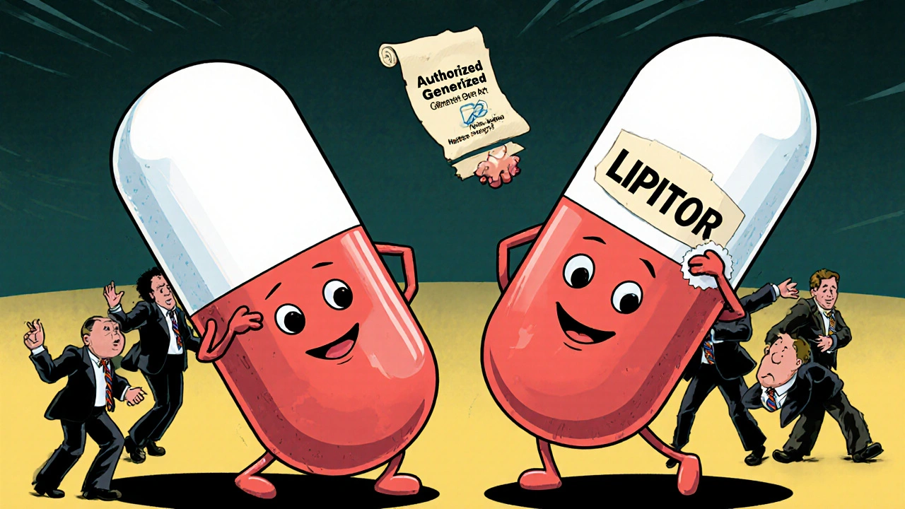 A branded pill monster being replaced by its plain-labeled twin, with corporate figures applying a sticker.