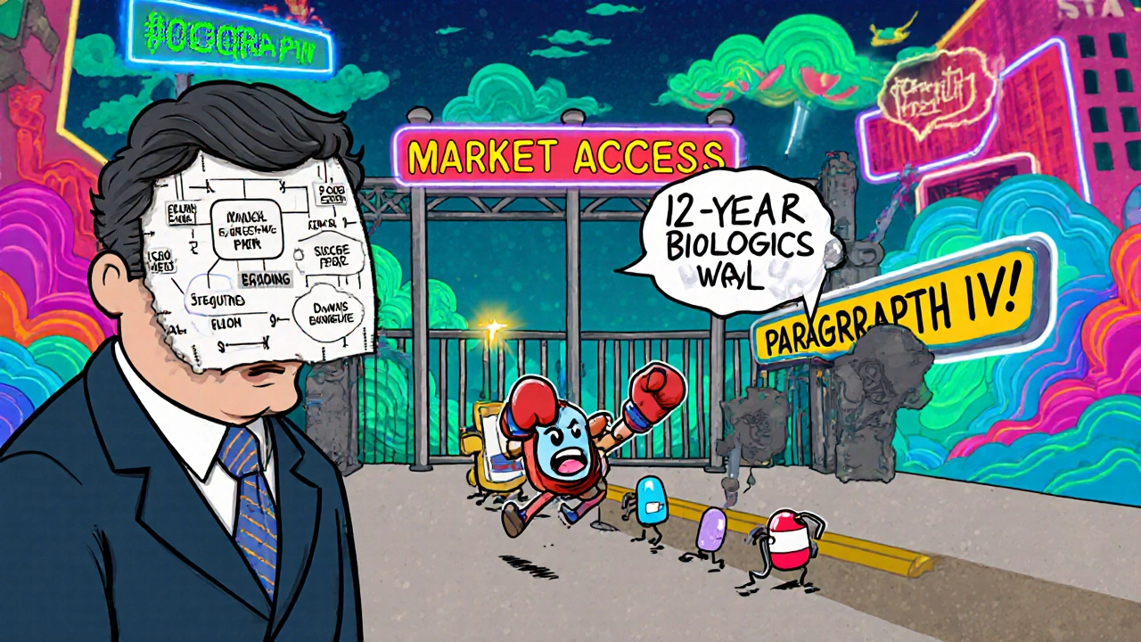 A bureaucratic FDA gate blocks generic pills with neon exclusivity signs, while one pill with a boxing glove prepares to challenge it.